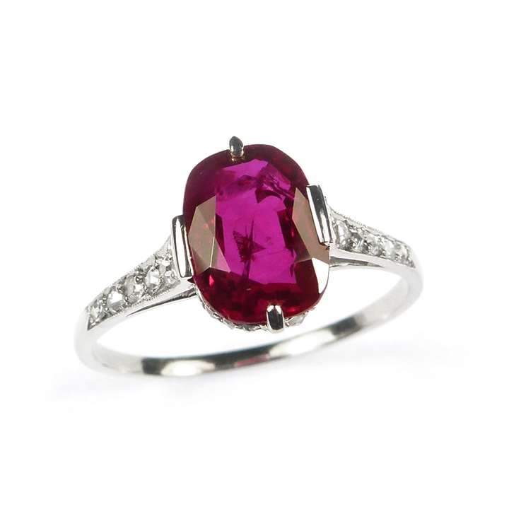 Art Deco single stone Burma ruby and diamond ring set